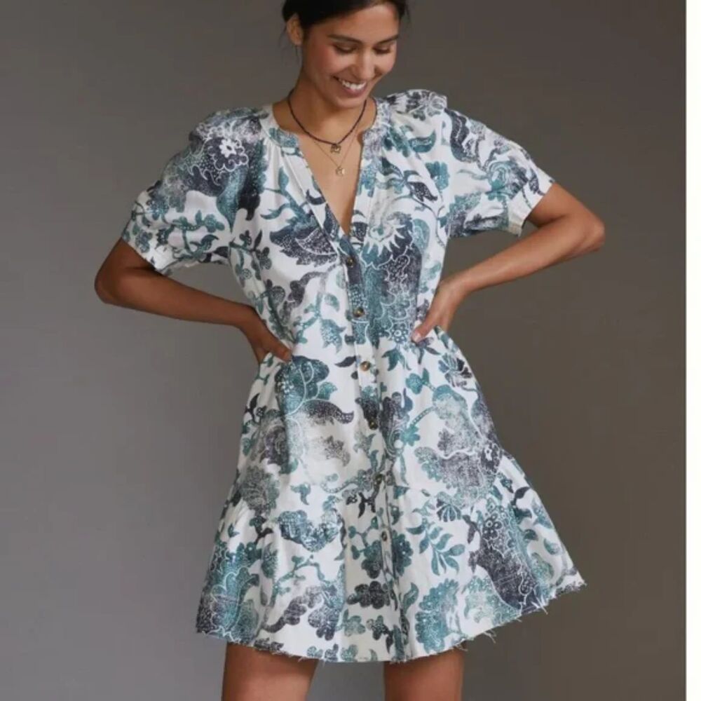 Pilcro Anthropologie Floral Cotton Linen Puff Sleeve Tunic Mini Dress Boho Small
